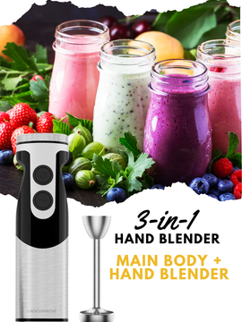 MEGAWISE 3-in-1 Immersion Hand Blender, Powerful Motor & Stainless Steel Stick Blender with 4 Sharp Blades, Whisk & Milk Frother Attachments