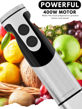 MEGAWISE 3-in-1 Immersion Hand Blender, Powerful Motor & Stainless Steel Stick Blender with 4 Sharp Blades, Whisk & Milk Frother Attachments