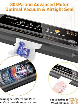 MEGAWISE 80kPa Vacuum Sealer, One-Touch Automatic Food Saver with Dry Moist Fresh Modes