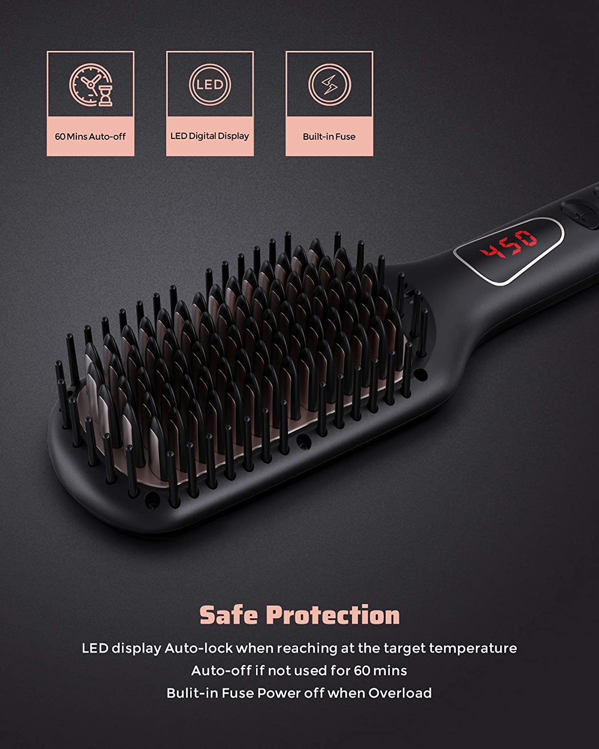 MEGAWISE Enhanced Ionic Anti-Scald Hair Straightener Brush with Universal Dual Voltage, MCH