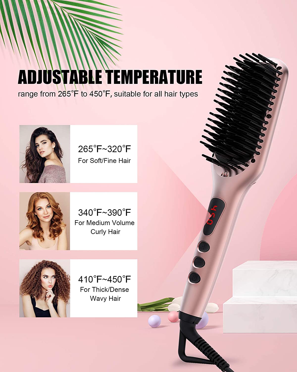 MeGaWise Enhanced Ionic Hair Straightener Brush with Universal Dual Voltage, Anti-Scald Straightening Comb